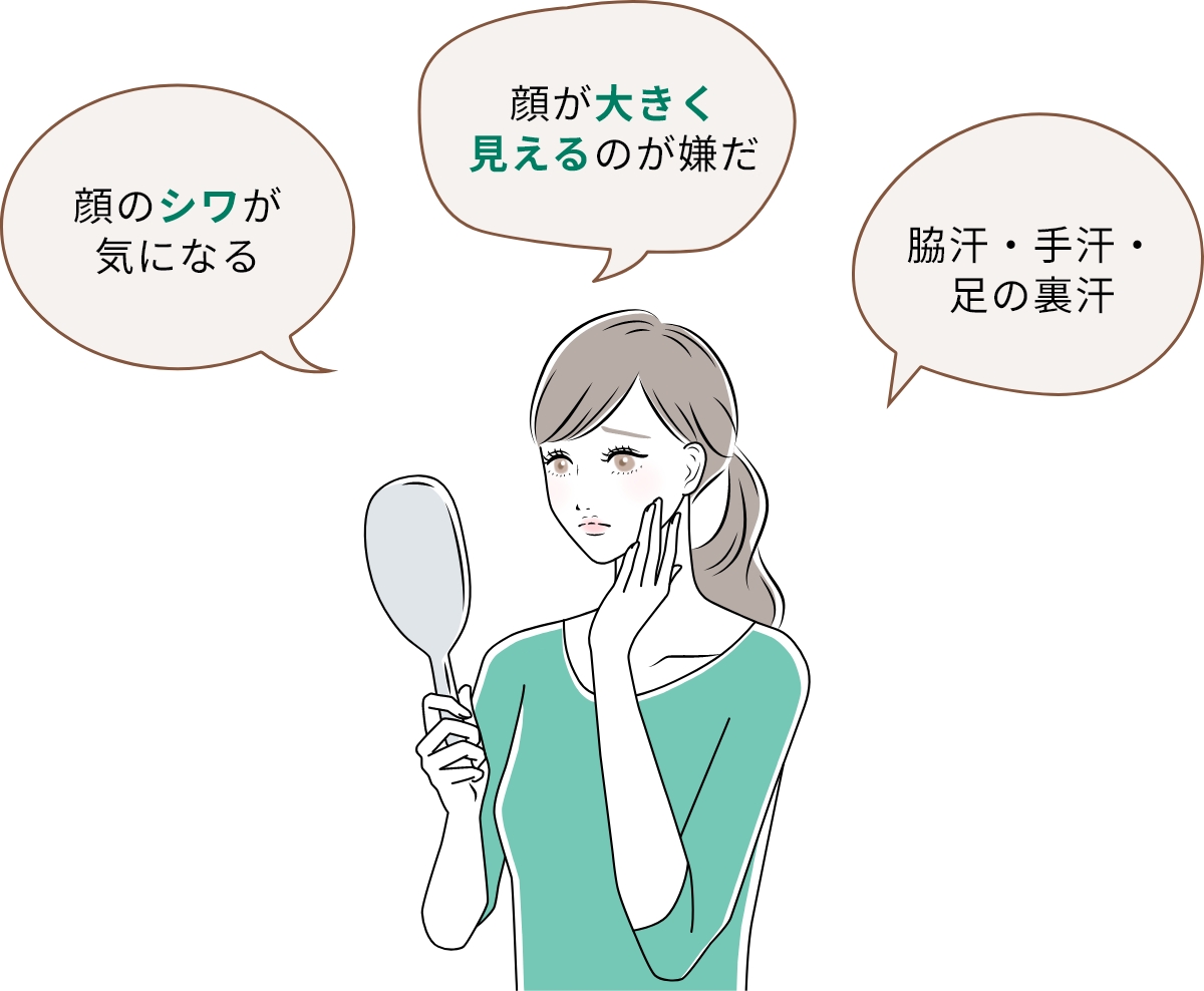 顔のシワが気になる / 顔が大きく見えるのが嫌だ / 脇汗・手汗・足裏の汗